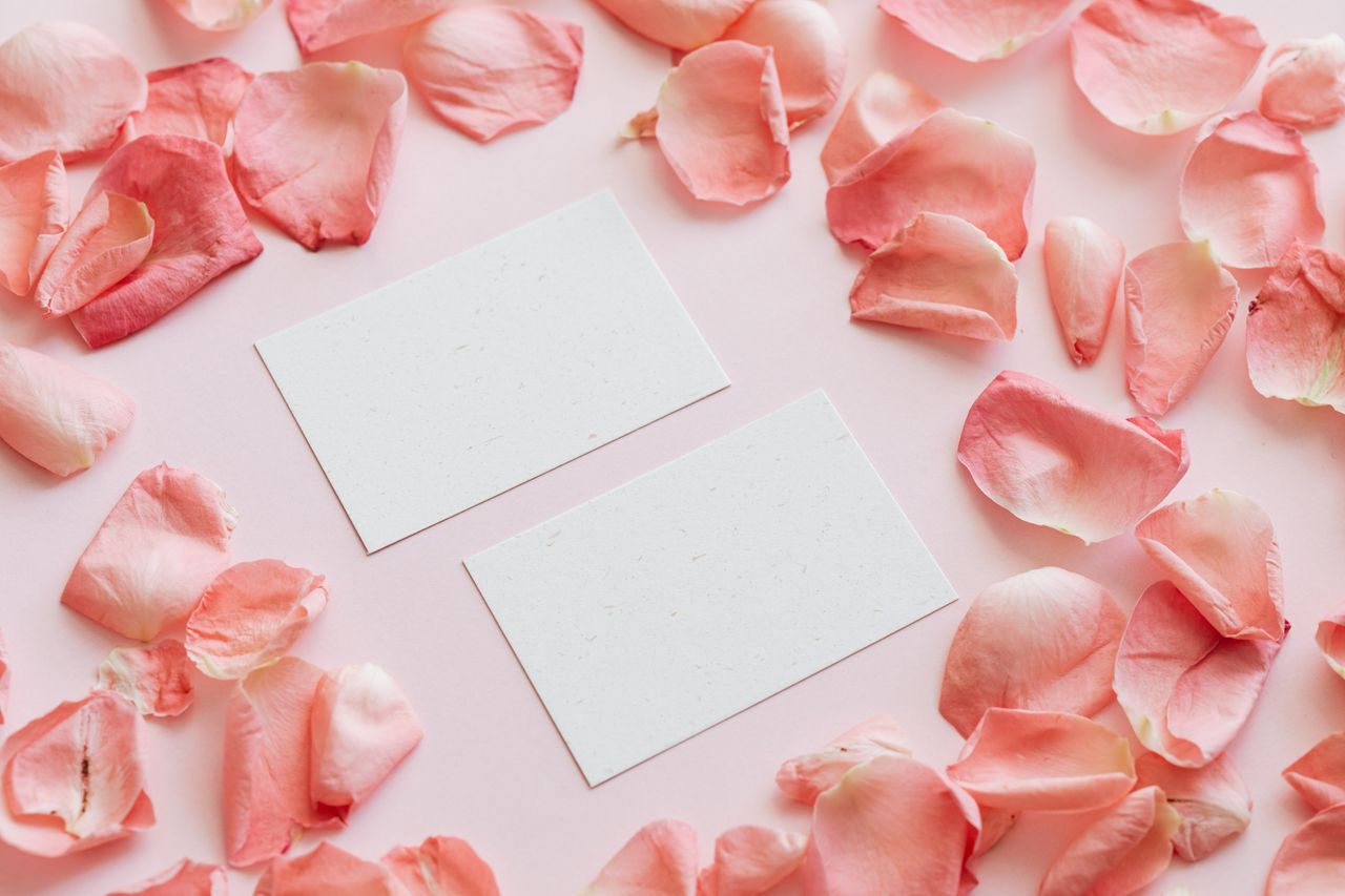 From above of rose petals set placed in chaotic order surrounding blank cards on pink surface